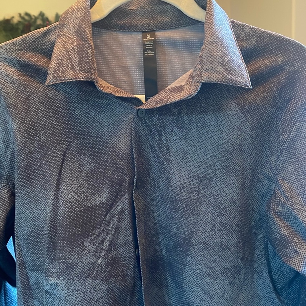 Men’s size medium, blue/ black, long sleeve, button-down, casual shirt.